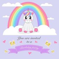 tarjeta de cumpleaños con unicornio sentado en la nube con arco iris detrás de la espalda vector