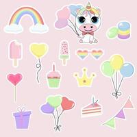 Birthday stickers set in pastel color. vector