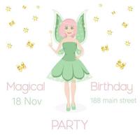 Birthday party invitation with cute little fairy. vector