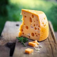 trozo de queso sobre madera y naturaleza fondo generativo ai foto