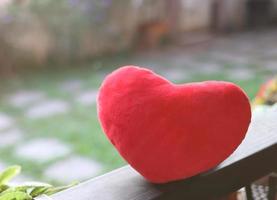 red heart pillow on garden background. Valentine's day concept. photo