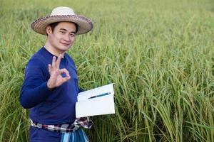 un agricultor asiático está en un campo de arroz, usa sombrero, camisa azul, sostiene papel de cuaderno, inspecciona el crecimiento y la enfermedad de las plantas. concepto, investigación agrícola y estudio para desarrollar cultivos.
