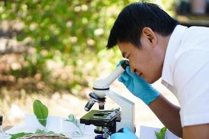 Portrait of handsome Asian man science teacher do experiment outdoor, wears blue gloves, use microscope.  Concept, science subject, project work. Experiment, education. Outdoor class. photo