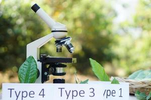 Microscope for doing science experiment outdoor. Concept, scientific tool for education, lab lesson. Biology subject. Learning by doing. Doing research. Science project work. photo