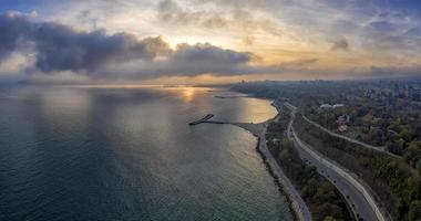 Stunning aerial view from drone of bay and coastline on the afternoon of Varna city, Bulgaria. High resolution photo