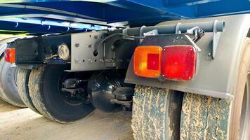 Undercarriage trailer truck or rear truck view from low angle. photo