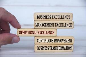 Business, management and operational excellence and continuous improvement text on wooden blocks. Business concept photo