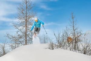 Skier has fun jumping into fresh snow photo