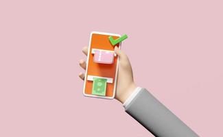 businessman hands holding mobile phone, smartphone with banknote, check mark, credit card isolated on pink background. withdrawal cash, atm machine transaction concept, 3d illustration, 3d render photo