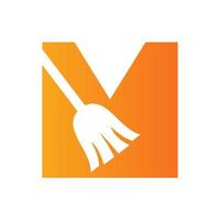 Letter M House Cleaning, Maid Logo Vector Template. Broom Logo Concept with Cleaning Brush