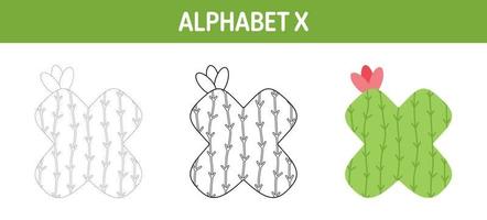 Alphabet X tracing and coloring worksheet for kids vector