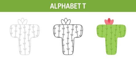 Alphabet T tracing and coloring worksheet for kids vector