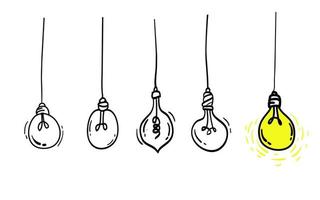 Doodle hand drawn light bulb icon with concept of idea. solution. isolated on white background. vector illustration