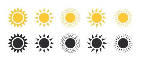 Yellow sun icon set. Sun stars. Sunlight signs. Vector illustration