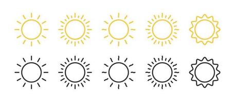 Sun icons set. Linear sun icons. Sun stars. Sunlight signs. Vector illustration