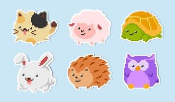 lindo y adorable juego de pegatinas de animales de dibujos animados estilo pixel art 2 vector