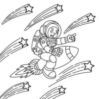 libro para colorear para niños astronauta cruza las estrellas en un cohete de alta velocidad vector