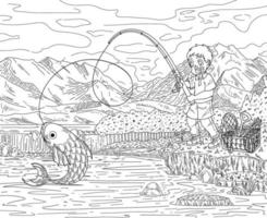 libro para colorear para niños un pequeño pescador junto al lago con un paisaje natural vector