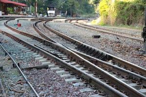 close up railroad tracks in the countryside with rock photo