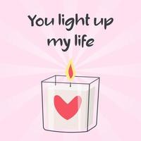 Cute candle with heart. You light my life lettering. Retro sunbeams background. Valentines day card. vector