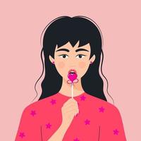 Portrait of a young beautiful woman with heart lollipop. Avatar of girl sucking lollipop for social networks. vector