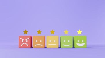 3d render of Customer satisfaction Choices rating from bad to good with star light. Minimal design concept on pastel purple background. Users give rating for evaluation. photo