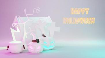 3d Render, Happy Halloween Day White modern scene background with neon light and cute spooky design. Halloween white pumpkins, skull, ghost and spider decorations. Trick or Treat party celebrate. photo