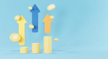 3d render of golden dollar coins stack in saving money for goal with arrow graph design Concept. Minimal pastel scene. Growth financial model. Digital payment. Money Cash flow management. photo