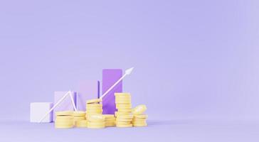 3d render of golden coins stack with growing bar graph in saving money for goal Concept. Minimal pastel scene. Growth financial model photo