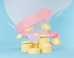 3d render of golden dollar coins stack in saving money for goal with arrow graph design Concept. Minimal pastel scene. Growth financial model. Digital payment. Money Cash flow management. photo