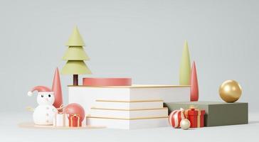 3d Render Merry Christmas Podium platforms scene decorate with christmas tree, gifts, ball and snowflakes in winter season theme. Abstract minimal pedestal product display Festivel Xmas. photo