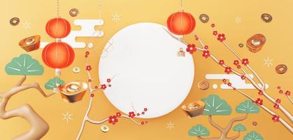 Happy Chinese new year 2023 with the year of Rabbit background. Top view White blank circle frame for showing product. Lunar new year with Chinese texture, gold, coins, and zodiac sign. 3D render. photo