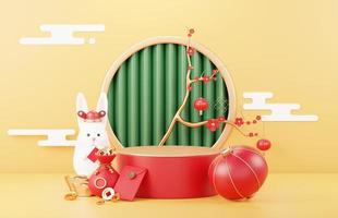 Happy Chinese new year 2023 with the year of Rabbit. Traditional Podium for showing product. Lunar new year red background decorate with Chinese texture, gold, coins, and zodiac sign. 3D render. photo