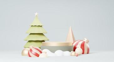 3d Render Merry Christmas Podium platforms scene decorate with christmas tree, gifts, ball and snowflakes in winter season theme. Abstract minimal pedestal product display Festivel Xmas. photo