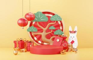 Happy Chinese new year 2023 with the year of Rabbit. Traditional Podium for showing product. Lunar new year red background decorate with Chinese texture, gold, coins, and zodiac sign. 3D render. photo