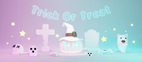 3d Render, Happy Halloween Day White modern scene background with neon light and cute spooky design. Halloween white pumpkins, skull, ghost and spider decorations. Trick or Treat party celebrate. photo