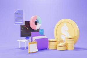 3d render of Computer Monitor screen with graph, coins, document and book note on purple pastel background. Minimal design concept. photo