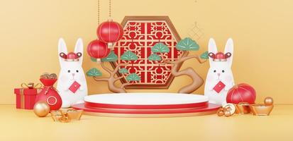 Happy Chinese new year 2023 with the year of Rabbit. Traditional Podium for showing product. Lunar new year red background decorate with Chinese texture, gold, coins, and zodiac sign. 3D render. photo