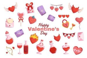 Valentines day big collection with festive elements - love potion bottles, different hearts with wing flame, letters and envelop. Vector cartoon style illustration