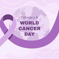 día mundial de concientización sobre el cáncer 4 de febrero. cinta lila o morada con el símbolo del planeta del cáncer. detener la campaña de cáncer plantilla cuadrada de atención médica para redes sociales o sitio web vector