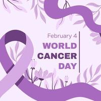 World Cancer Awareness Day February 4th. Lilac or purple ribbon symbol of cancer with floral and leaf. Stop cancer campaign Health care square template for social media or website vector