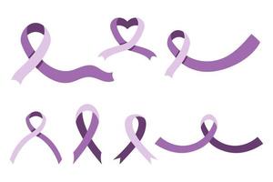 Awareness ribbon collection. Set of purple or lilac cancer ribbons. Isolated on white background fully editable vector