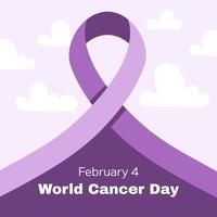 World Cancer Awareness Day February 4th. Lilac or purple ribbon symbol of cancer with white clouds. Stop cancer campaign Health care square template for social media or website vector