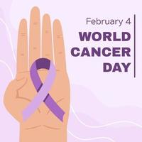 World Cancer Awareness Day February 4th. Lilac or purple ribbon symbol of cancer with hand. Stop cancer campaign Health care square template for social media or website vector