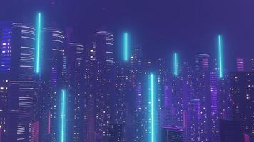 3d render of Cyber punk night city landscape concept. Light glowing on dark scene.  Night life. Technology network for 5g. Beyond generation and futuristic of Sci-Fi Capital city and building scene. photo