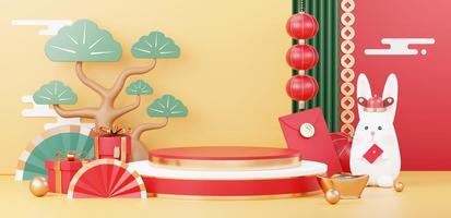 Happy Chinese new year 2023 with the year of Rabbit. Traditional Podium for showing product. Lunar new year red background decorate with Chinese texture, gold, coins, and zodiac sign. 3D render. photo