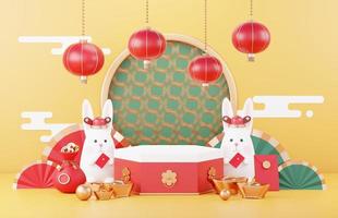 Happy Chinese new year 2023 with the year of Rabbit. Traditional Podium for showing product. Lunar new year red background decorate with Chinese texture, gold, coins, and zodiac sign. 3D render. photo
