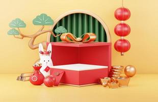 Happy Chinese new year 2023 with the year of Rabbit. Traditional Podium for showing product. Lunar new year red background decorate with Chinese texture, gold, coins, and zodiac sign. 3D render. photo