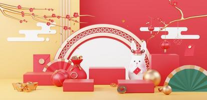 Happy Chinese new year 2023 with the year of Rabbit. Traditional Podium for showing product. Lunar new year red background decorate with Chinese texture, gold, coins, and zodiac sign. 3D render. photo