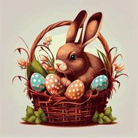 Festive basket with cute rabbit and easter orthodox eggs on a light background - Vector